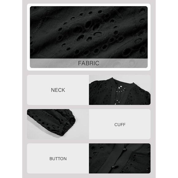 Womens Cotton Deep V Neck Eyelet Blouse 3/4 Balloon Sleeve Casual Elegant - Picture 8 of 8